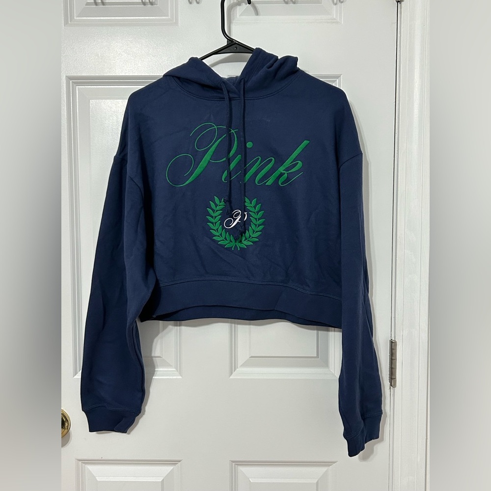 PINK by Victoria’s Secret cropped hoodie in blue and green logo